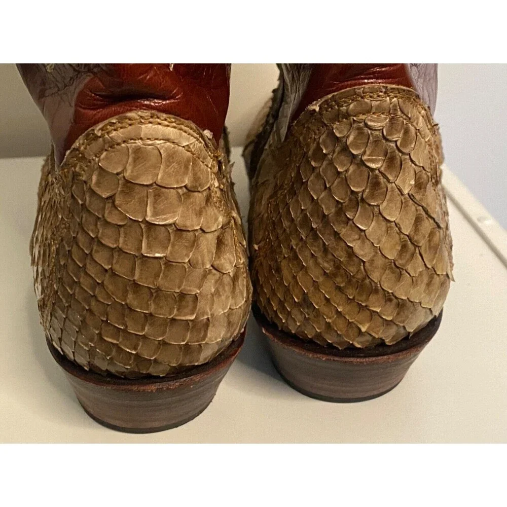 CORDONES Men's Cowboy Boots Size 9.5 Genuine SNAKE SKIN Red Brown Leather SPAIN